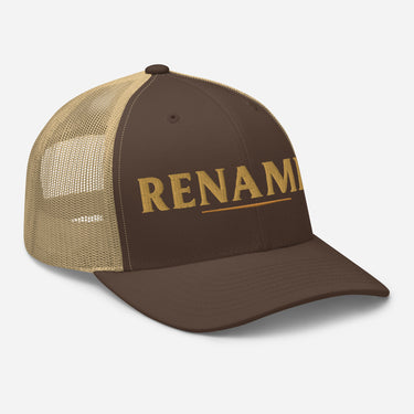 Renamed Trucker Cap Brown/Khaki flat lay mockup, right front embroidery in Old Gold
